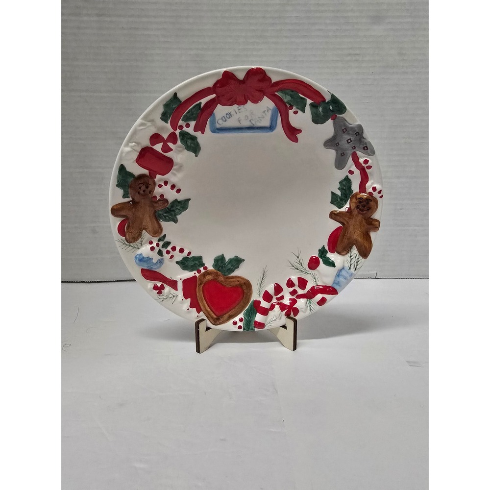 Vintage 90s Santa's Christmas Cookie Plate Ceramic Wreath Embossed New in Box
